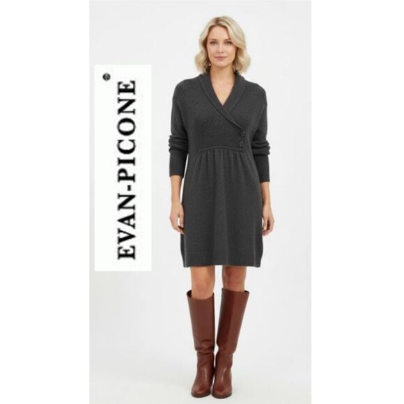 EVAN PICONE, Charcoal gray wrap-over neckline knee length knit sweater dress - Picture 1 of 9
